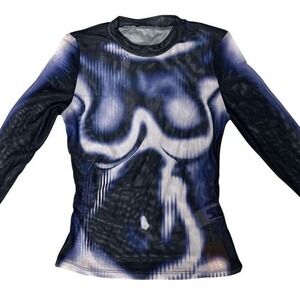 SHEIN SXY Mesh Illusion Body Print Long Sleeve Grunge Top Blue White Size M NWT
